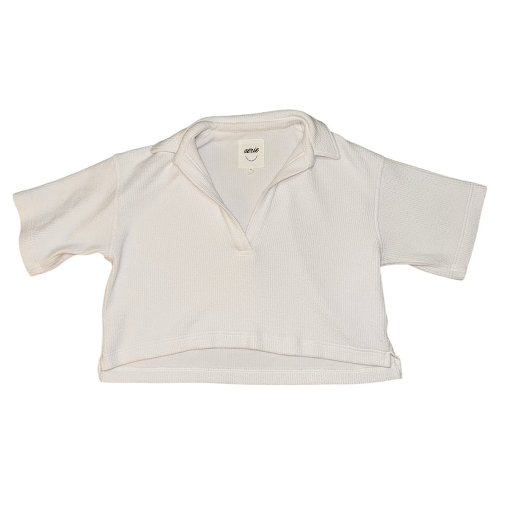 Aerie open collared white ribbed crop t-shirt women’s size small